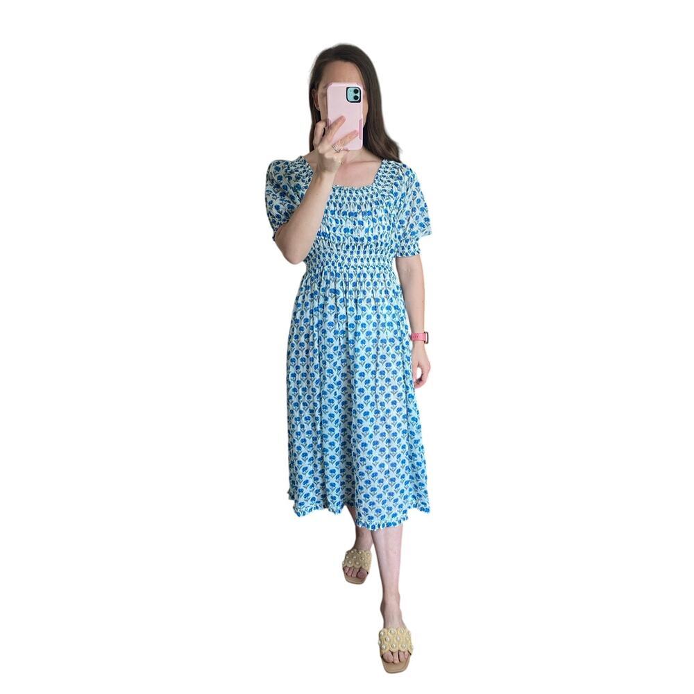 EDDY Smocked Block Print Cotton Puff Sleeve Midi Dress Coverup Tuckernuck XS